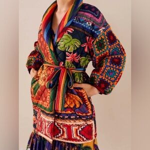 NWT Farm Rio Patchwork Tapestry Crochet Sleeve Puffer Jacket Size XS